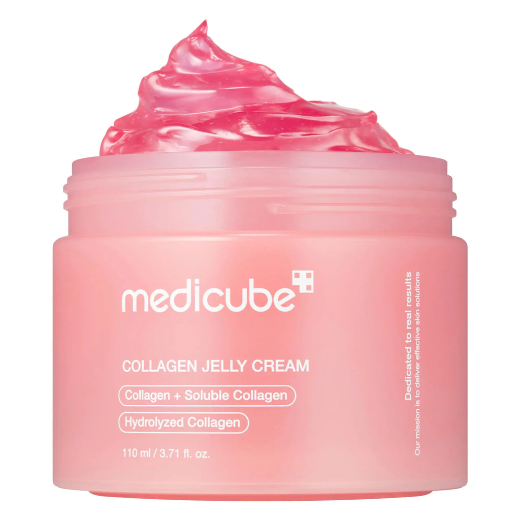 Open pink jar of Medicube Collagen Jelly Cream, 110 ml.
