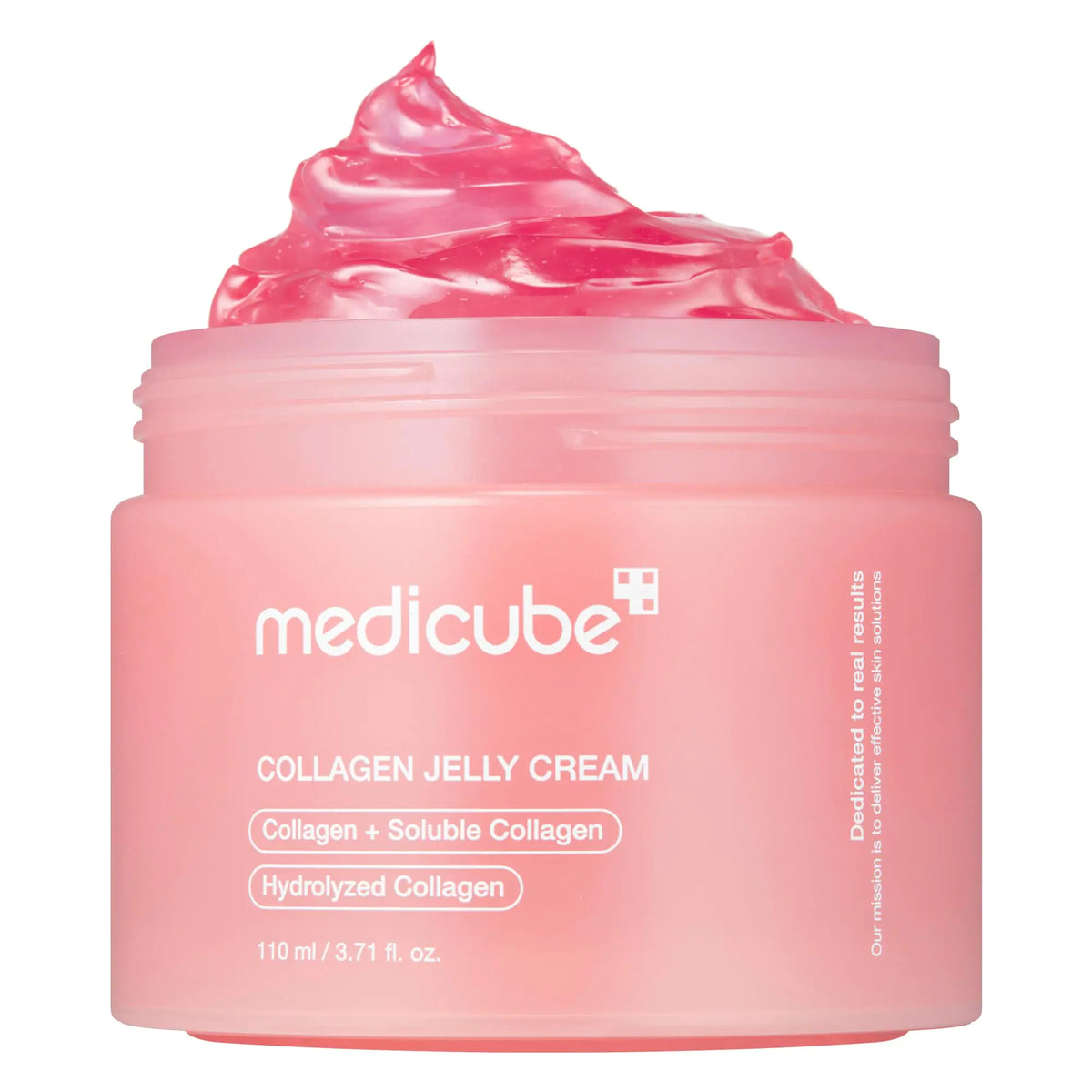 Open pink jar of Medicube Collagen Jelly Cream, 110 ml.
